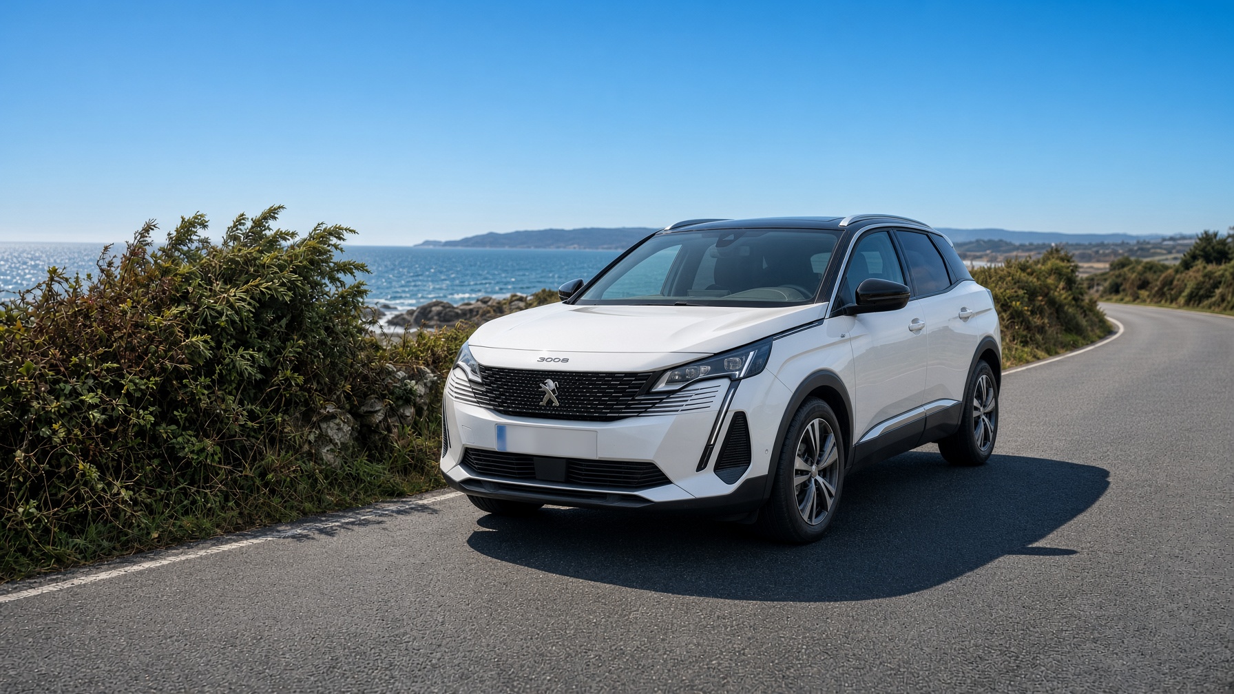 Peugeot 3008 blanc convoyé sur une route du Morbihan entre Vannes et Nantes